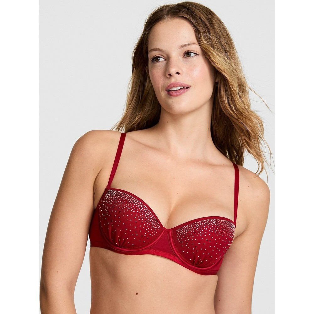 PINK Victorias Secret Wink Balconette Bra Push Up Rhinestone 36A NWT Red Stretch